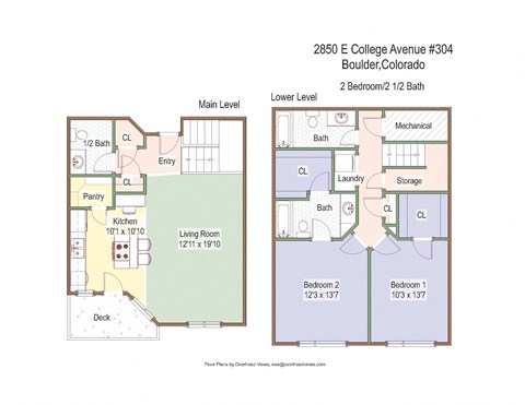 Floor plan for 2 beds, 2.5 baths, 1200 sqft